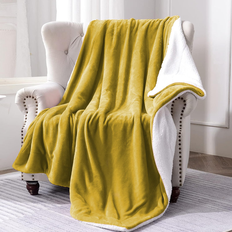 Sanborn Soft Reversible Sherpa Fleece Fur Thick Blanket Throw, 200cm x 240cm, Yellow