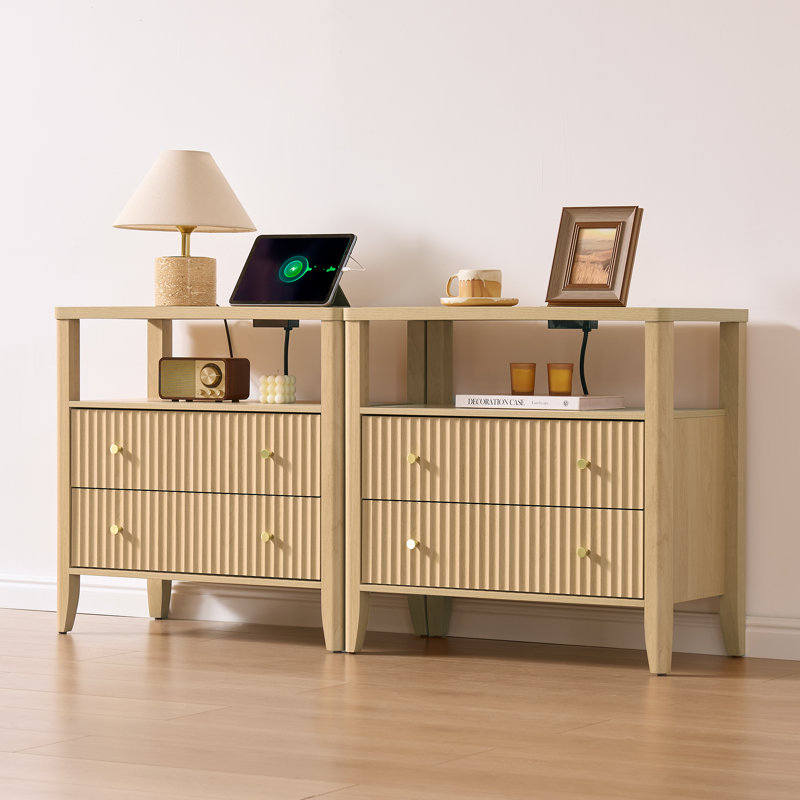 Overstreet Fluted Nightstand Set of 2 with Charging Station, 2-Drawer Bedside Tables with Open Shelf and Solid Wood Legs