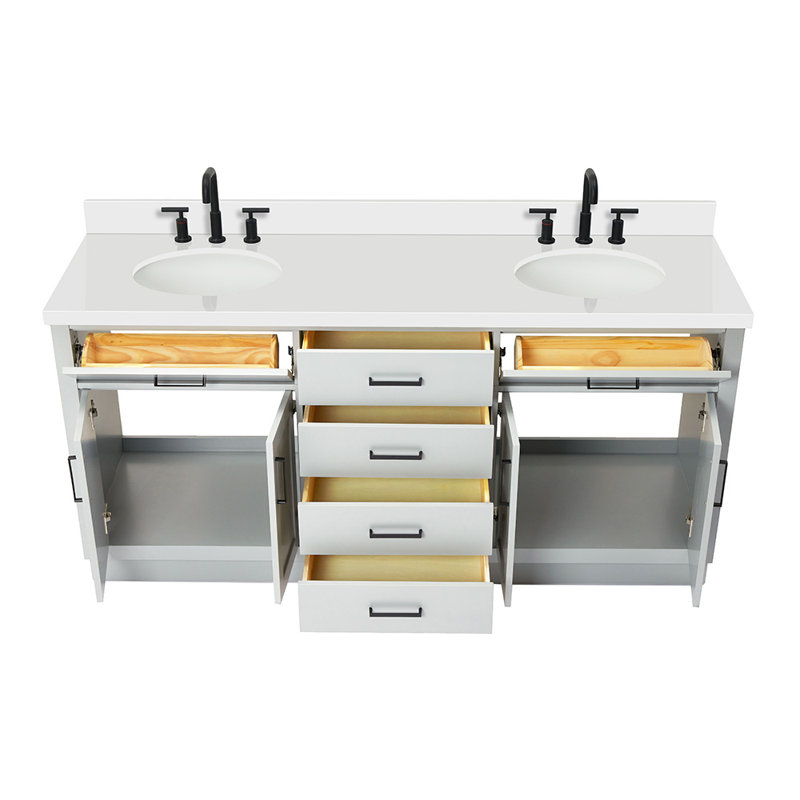 Meuble-lavabo double en bois massif 72 po Tidworth avec plateau en quartz blanc 1,5 po, Ovale, Gris