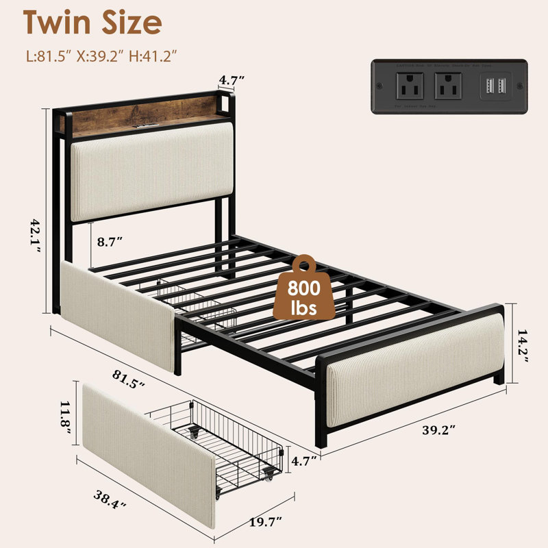 Rustic Linen Upholstered Platform Bedframe,  Storage Headboard/2 Storage Drawers/Charging Station, Beige