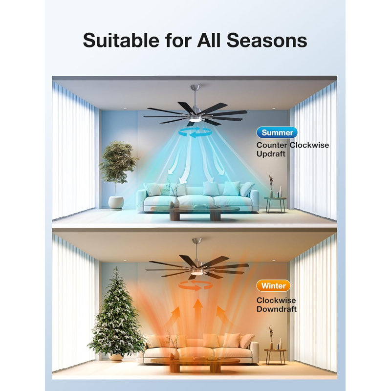 Ceiling Fans With Lights And Remote Control, 62-Inch, Reversible Silent DC Motor, 6 Speeds, 3 Color Dimmable LED Light, Timer, Nickel, 9-Blades