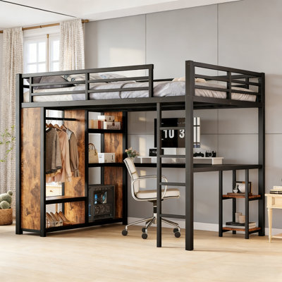 Grand lit mezzanine avec bureau et rangement, lits mezzanine en métal avec garde-robe et tablettes, cadre de lit mezzanine pour adolescents, enfants et adultes, structure stable qui ne grince pas, grain de bois