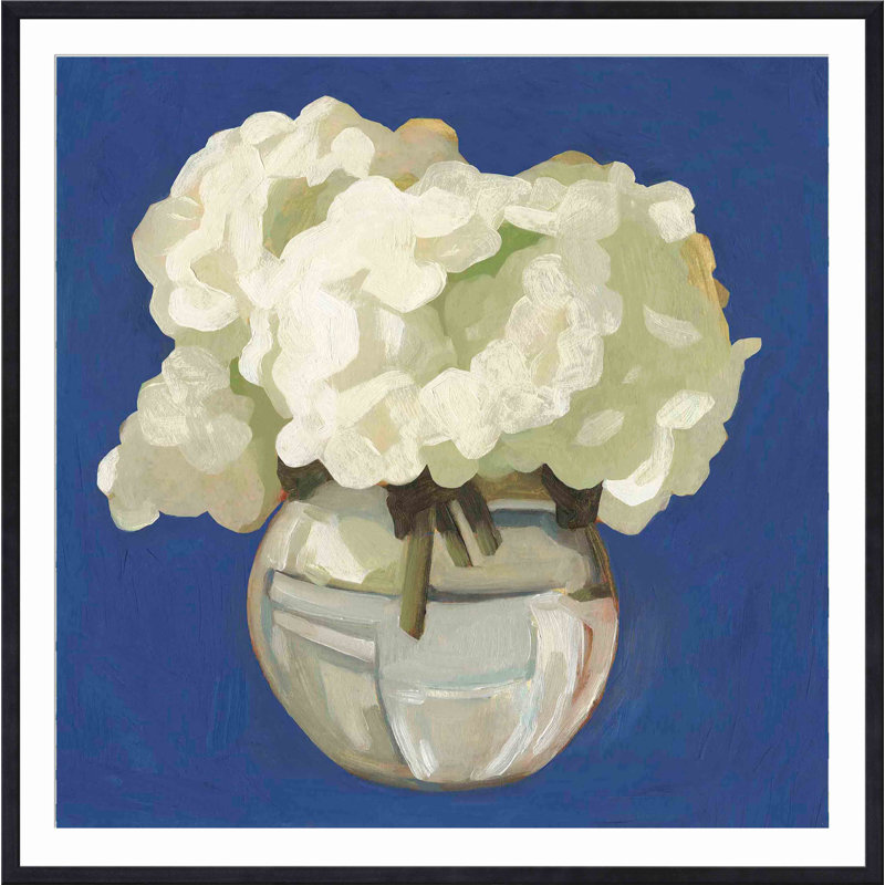 «White Hydrangeas I» par Emma Scarvey - peinture encadrée, Noir, H 12 po x l 12 po