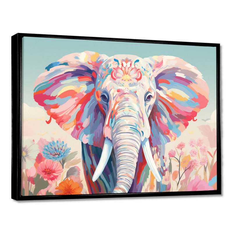 Éléphant rose rétro, Portrait floral II - Éléphant, art mural animal, Toile flottante noire encadrée, H 12 po x l 20 po