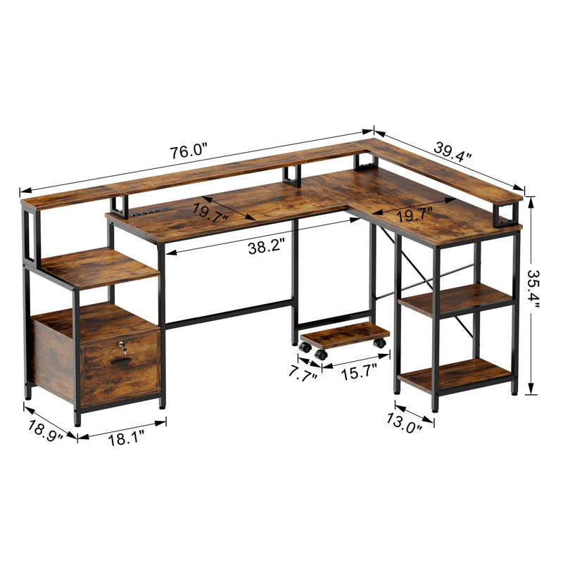 Bureau en L 76 po réversible, Brun