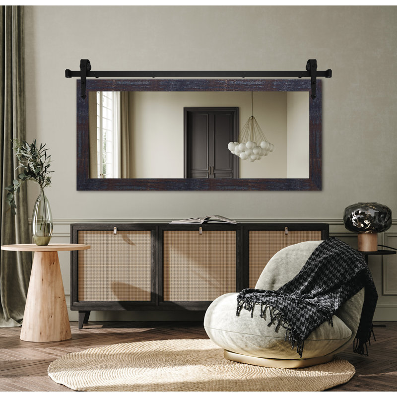 Miroir rustique moderne avec rail de porte de grange en acier, Laiton acier, 33 po x 66 po