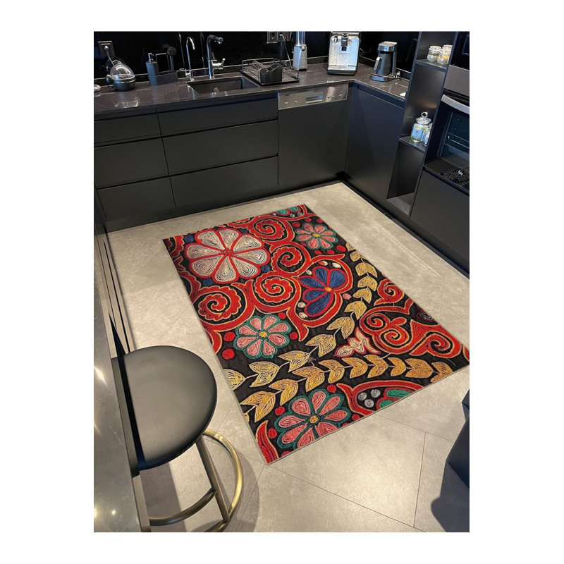 Tapis décoratif floral rouge à motif floral rouge moderne lavable à la machine, Sous-tapis carré 3 pi 3 po inclus