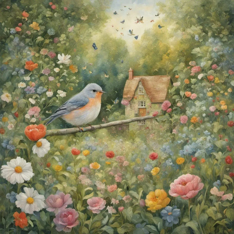 Merle bleu dans un jardin luxuriant, H 30 po x l 30 po
