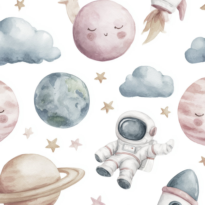 Papier peint abstrait avec motif de planètes astronautes, Peler et coller