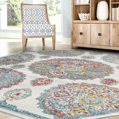 Tapis floral en polypropylène tissé à la machine ivoire / bleu / rouge