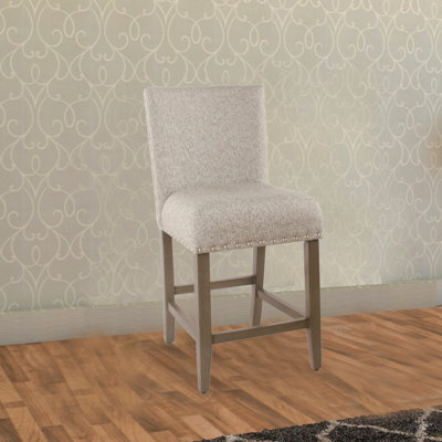 Fabric Upholstered Wooden Counter Stool With Striking Nail Head Trims, Gray And Brown