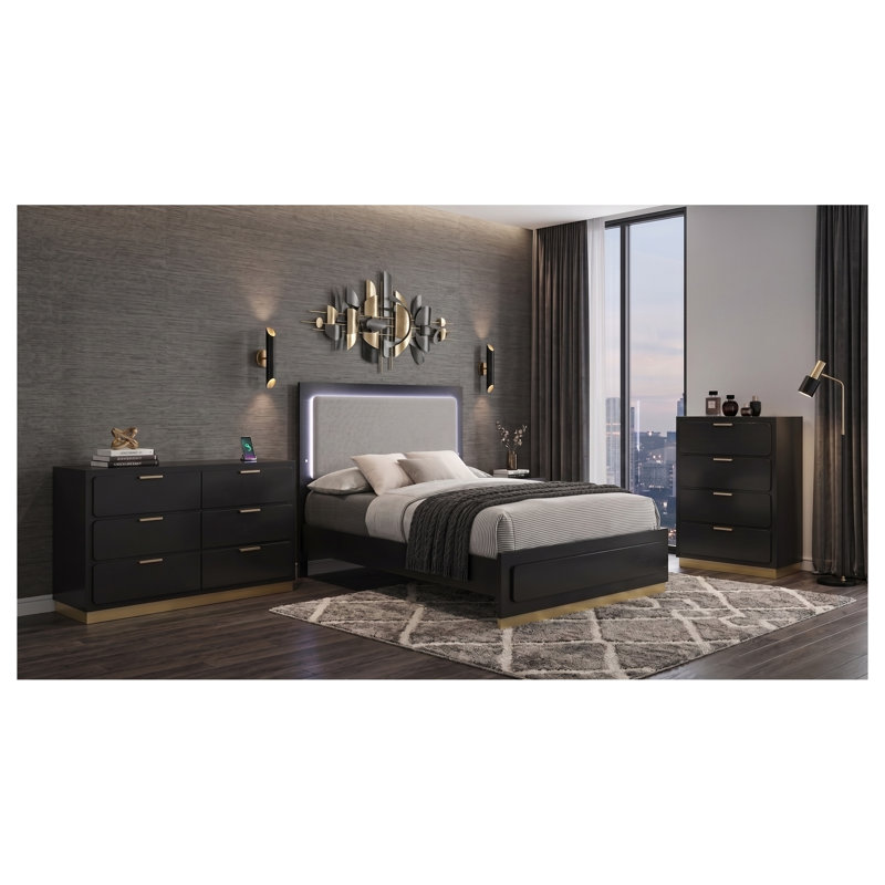 Ensemble de chambre à coucher 3 pièces noir safran pour lit queen avec tête de lit DEL, commode et chiffonnier