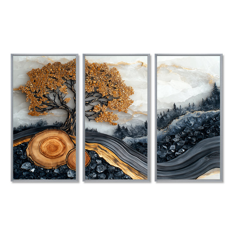 Automne cerisier en fleurs dans un bois I - art mural cerisier en fleurs - ensemble de 3, H 32 po x l 48 po, Argent argent
