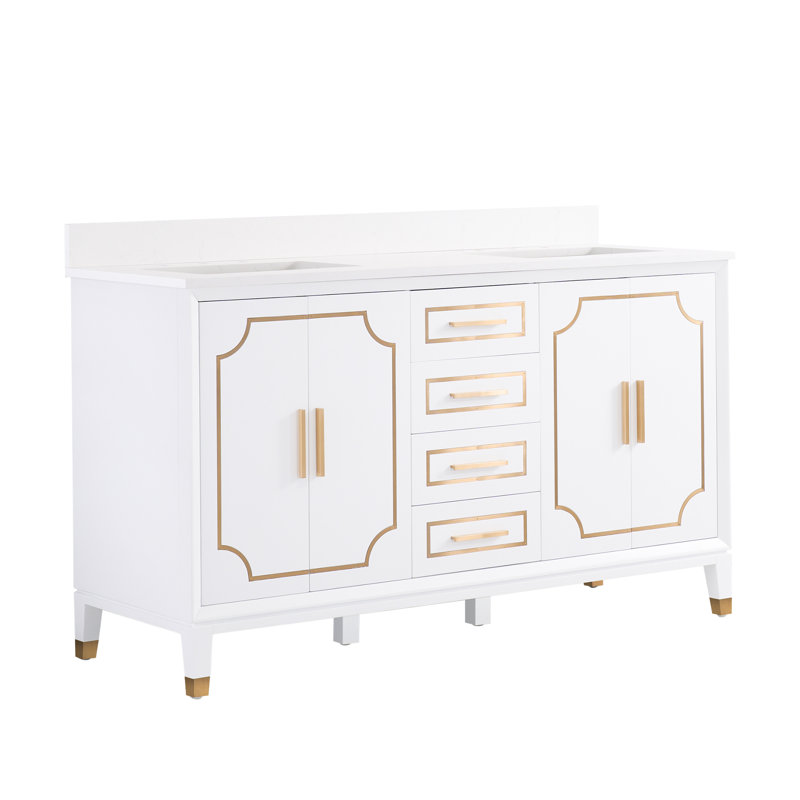 35'' H X 60' W Solid Wood Freestanding Bath Vanity With Carrera Quartz Top And Double Sink, Blanc