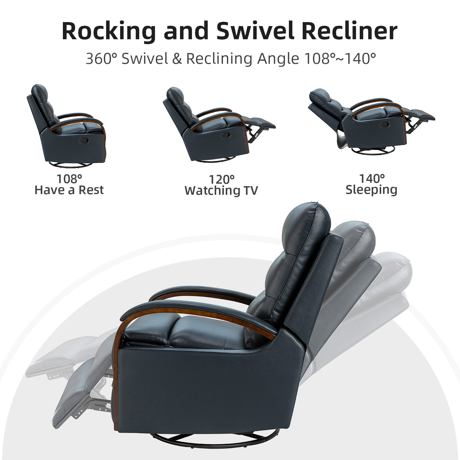 Azilda 29" Genuine Leather Manual Swivel Recliner, Navy Genuine Leather