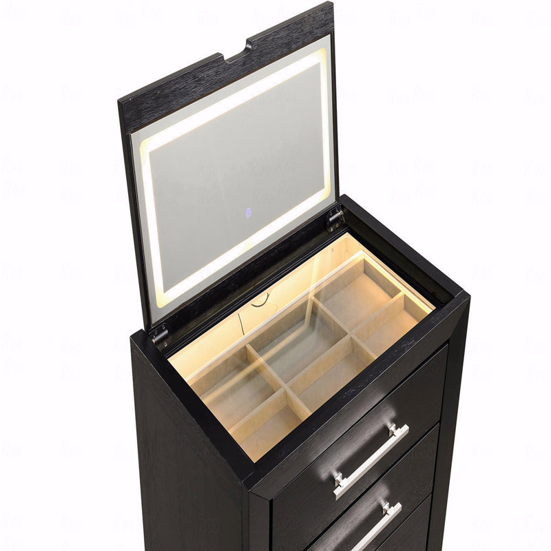 Bedside Makeup Vanity  W/ Stool Black Storage Drawers Nickle Pulls Handles Vanity Led Contemporary Style