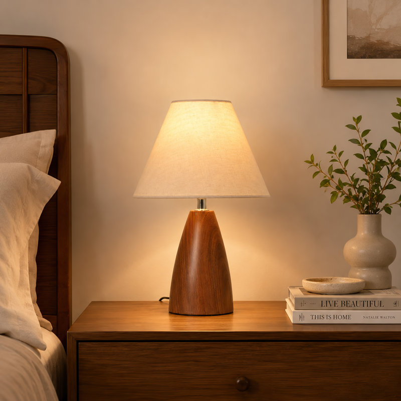 Lampe de table à intensité variable 13,2 "Mid-Century avec base conique et abat-jour en tissu