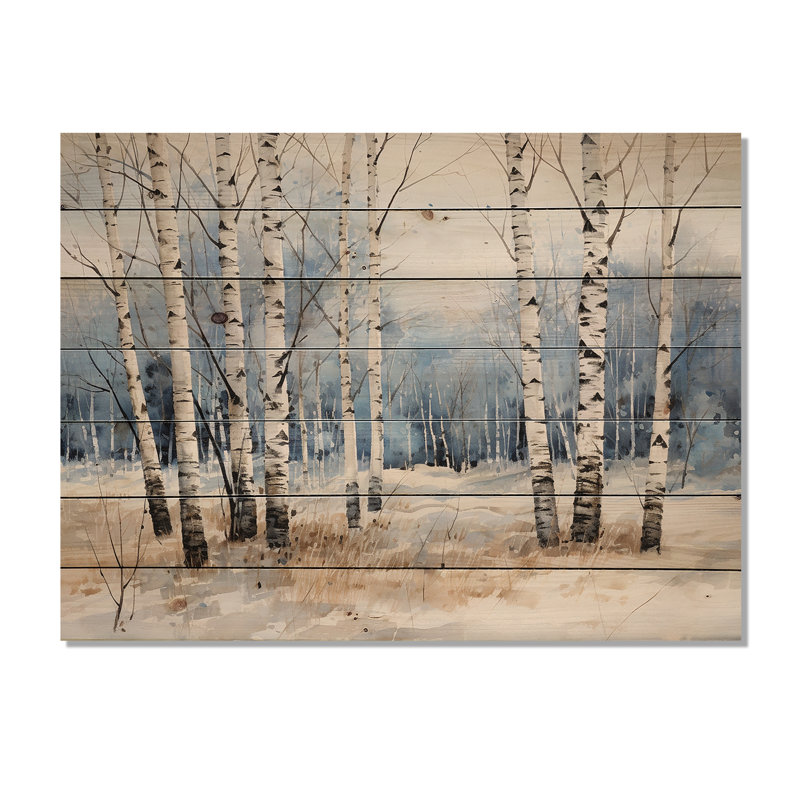 Bouleau blanc et bleu en hiver - Art de bouleau sur bois de pin naturel, H 30 po x l 40 po