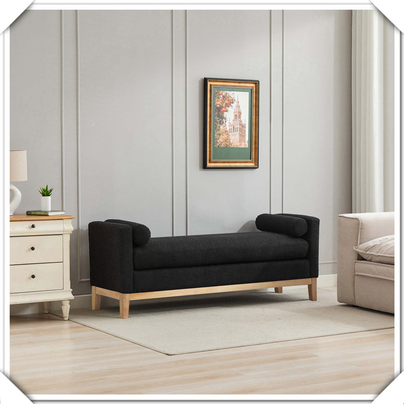 Élégant banc rembourré avec repose-pieds et repose-pieds, Noir, Bois naturel