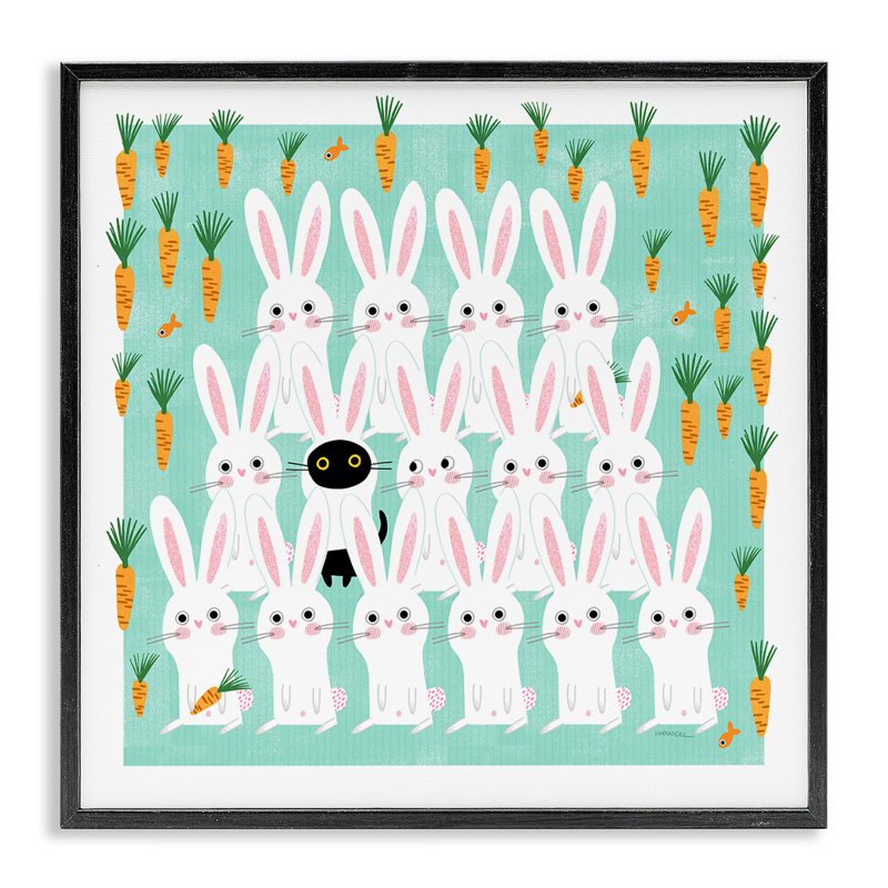 Cat Mixed with Bunnies Framed Giclee Art by Leeza Hernandez, 12" H x 12" W, Midnight Black Framed Giclee