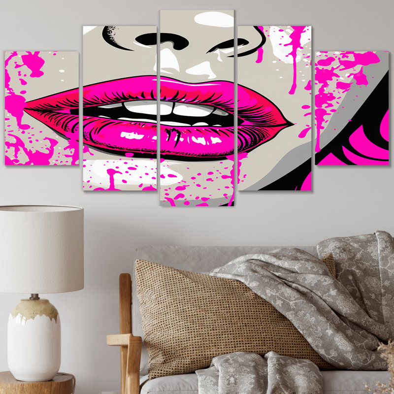 Popart Sensual Pink Lips - impression sur toile tendance - 5 panneaux