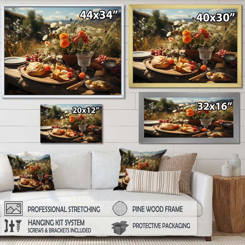 «Rustic Banquet In France II», reproduction sur toile, Cadre flottant blanc, 34" H x 44" W
