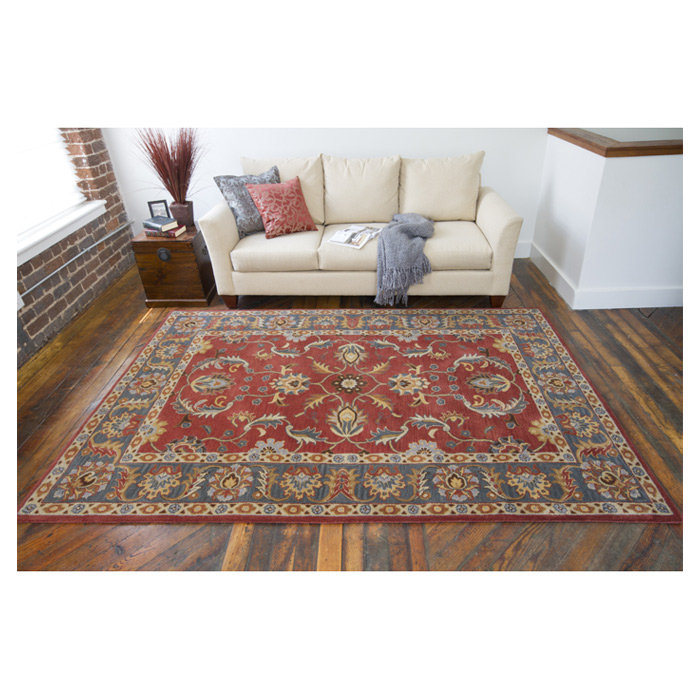 Tapis oriental en laine rouge brique, bleu marine et moutarde touffeté à la main Buckhill, Carré 9 pi 9 po