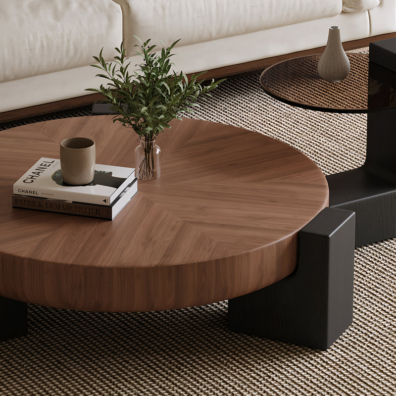 2 Piece Set of Modern Round Wood Coffee Table with Geometric Leg Design