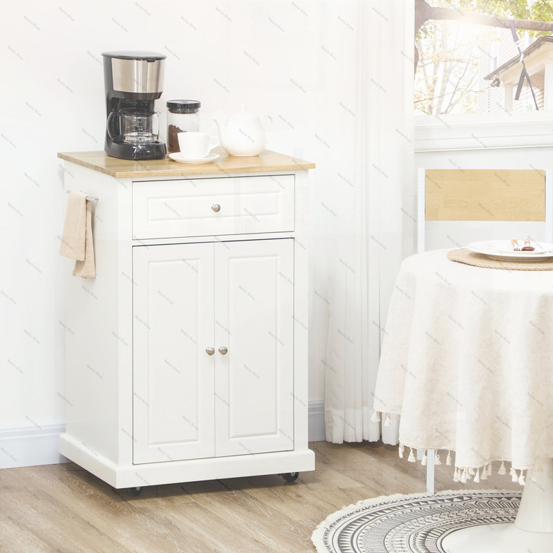 Rolling Kitchen Island Cart, Portable Serving Trolley Table with Drawer, Adjustable Shelf and 2 Towel Racks, Cream White
