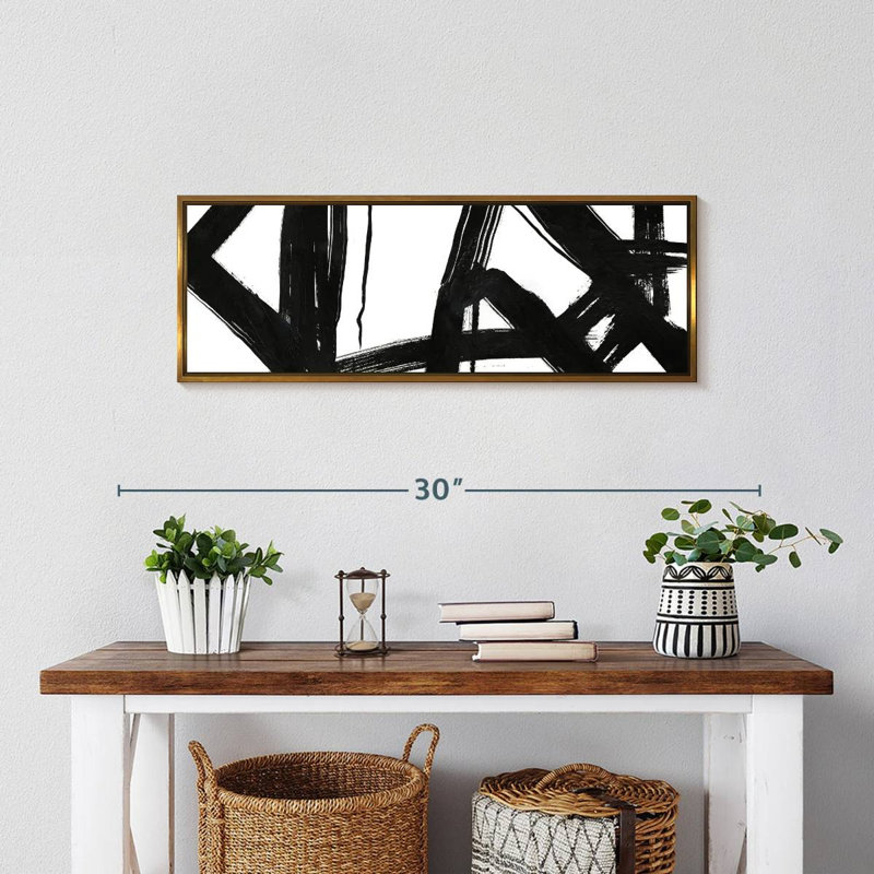 Encre noire stries VII, 25 po x 9 po, Cadre flottant doré