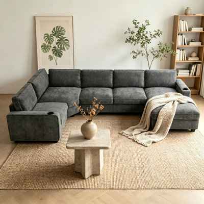 Canapé modulaire en forme de U 119 po, chenille 6 places avec porte-gobelets, chaise longue surdimensionnée 119 po