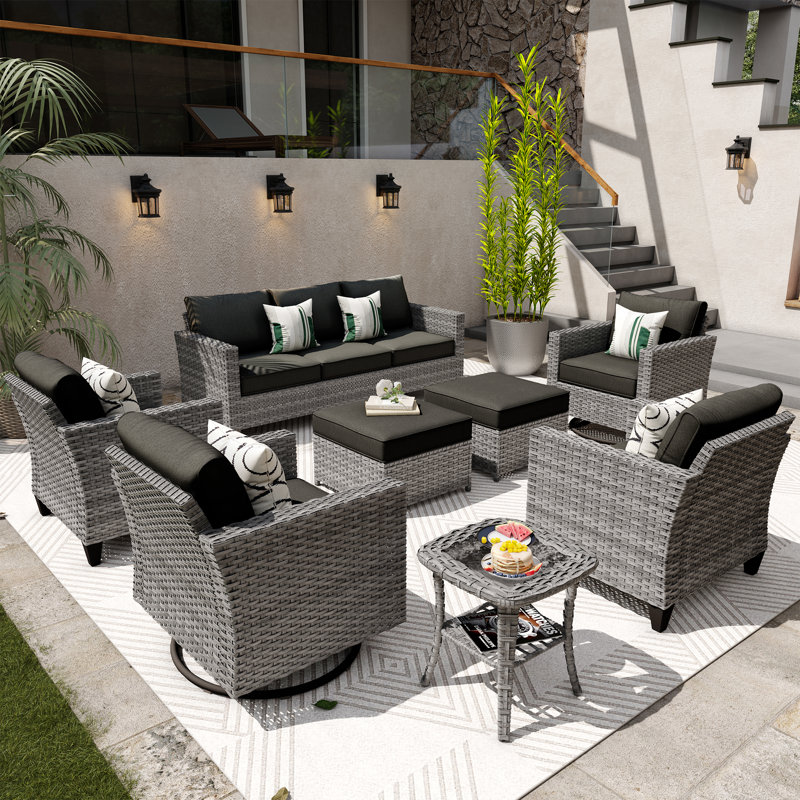 GRS Premium All-Weather Wicker 9 - Person Patio Conversation Set with Cushions, No, Black