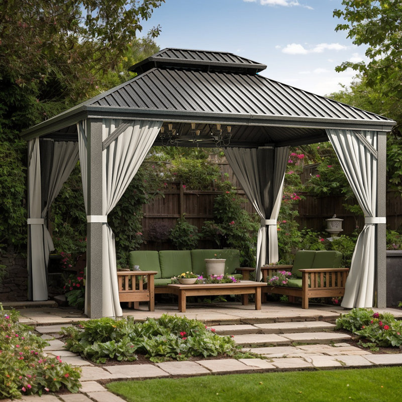 10 ft. W x 14 ft. D Gray Aluminum Hardtop Gazebo with Galvanized Steel Roof, Nettings and Curtains
