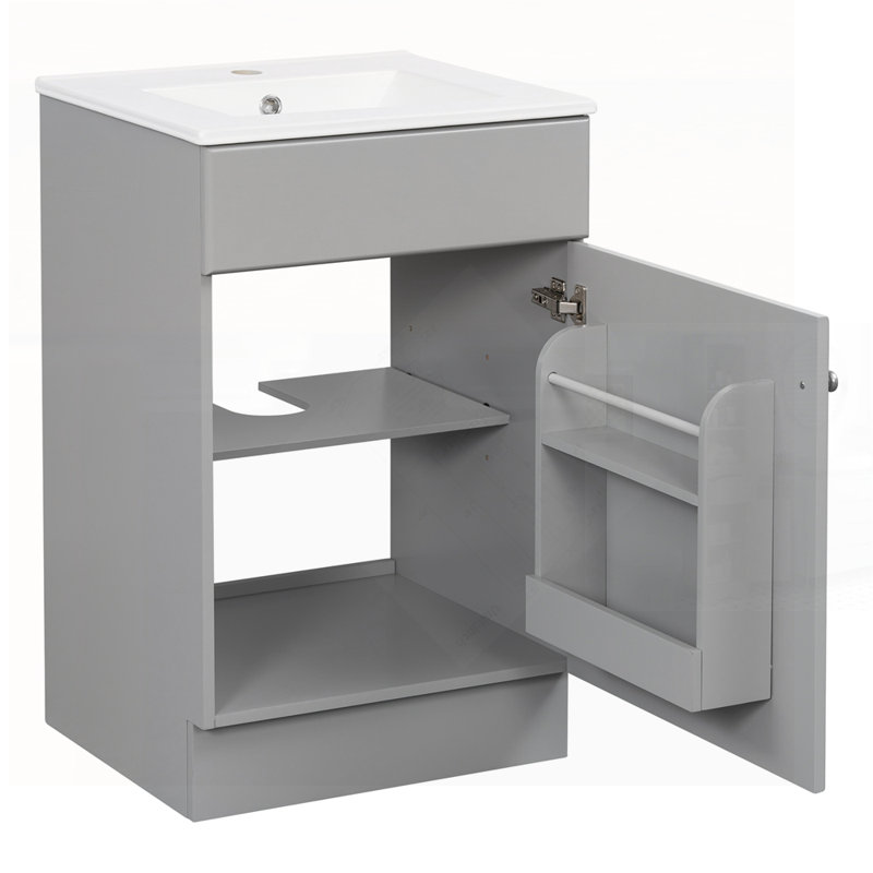 Meuble-lavabo gris élégant avec lavabo, porte d'armoire et tablettes réglables pour un rangement amélioré et une esthétique moderne