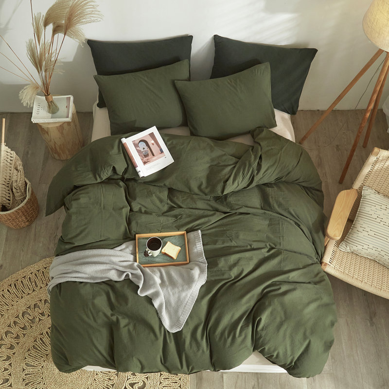 Ensemble de housse de couette douce en coton délavé Boho, Housse de couette grand et 2 taies d'oreiller stan, Vert d’armée