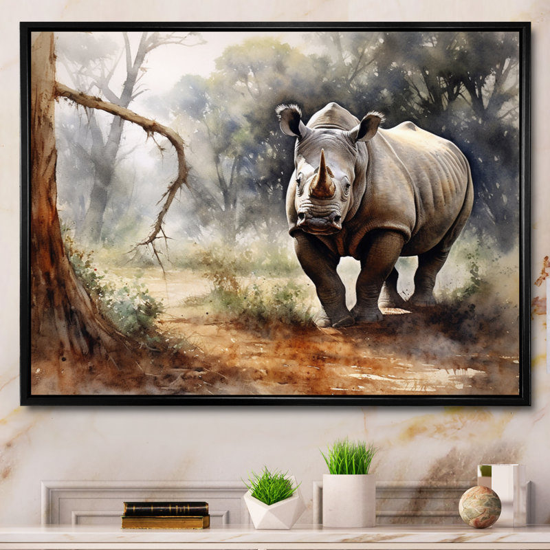 Wild Rhinoceros III - Reproduction d'art mural animaux, H 30 po x l 40 po x P 1,5 po, Cadre flottant noir