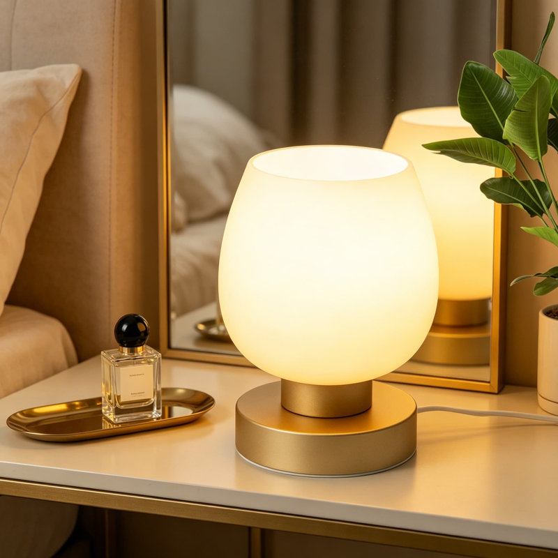 Lampe de chevet tactile avec abat-jour en verre, ampoule à DEL chaude réglable à 3 voies incluse, table de chevet moderne en verre opale brillant pour le salon de la chambre à coucher, finition titane désert