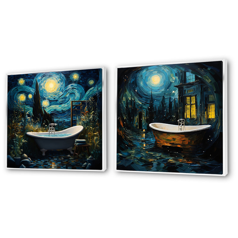 «Blue Starlight Bathroom I», ensemble de 2 impressions sur toile de salle de bain, Cadre flottant blanc
