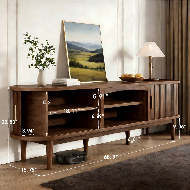 Meuble télé 69 po avec prises de courant Mid-Century Modern, H 22,83 po x L 69 po x l 15,75 po, Bois brun foncé