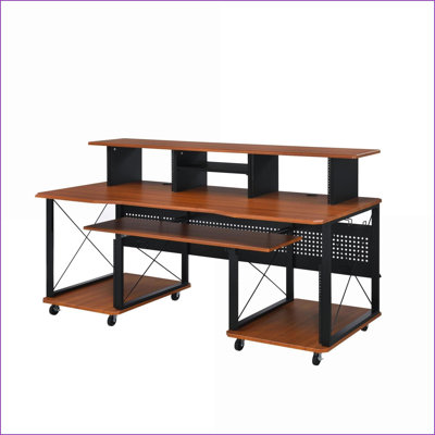 Music Desk with Keyboard Tray, Storage &amp; Cable Management | Cherry &amp; Black | Synthetic Wood