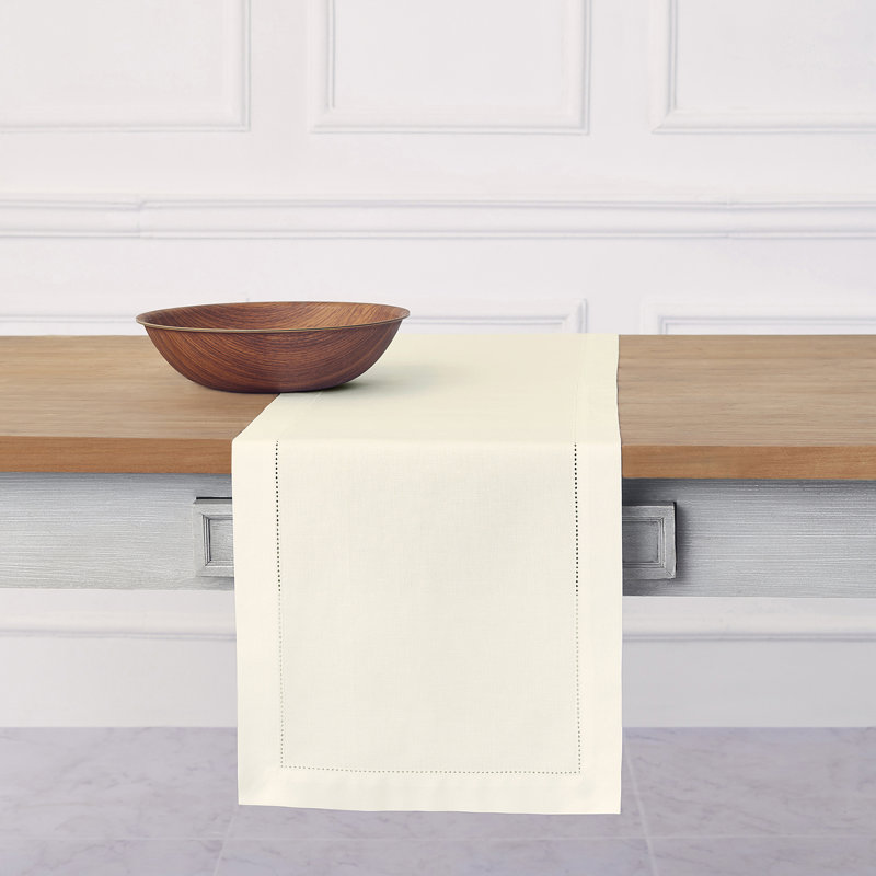 Cotton Linen Hemstitch Table Runner, Ivory, 156" x 14", Solid Color