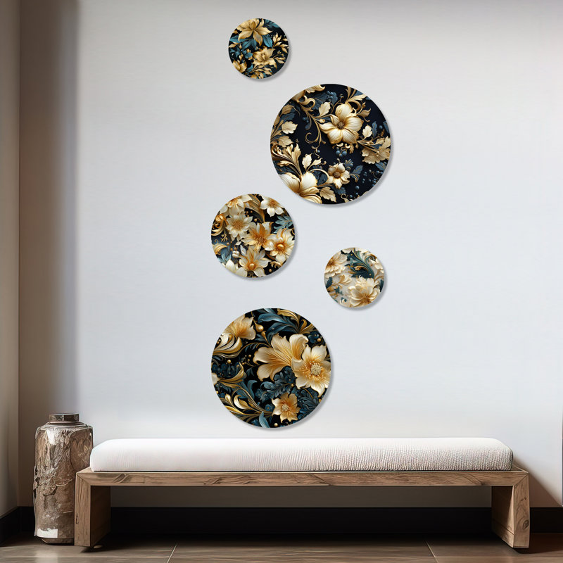 Or et bleu sarcelle Royal Flower Gardens - ensemble d'art mural rond abstrait glamour