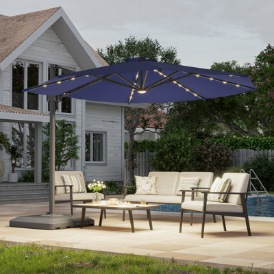 11' Offset Patio Umbrella with Easy Pedal 360-Degree Swivel, Solar Powered LED Strip Lights and Fade Resistant Canopy with Base, Navy