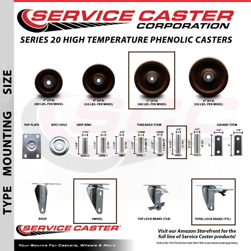 5 Inch High Temp Phenolic 5/8 Inch Stem Caster Set 2 Total Lock Brakes