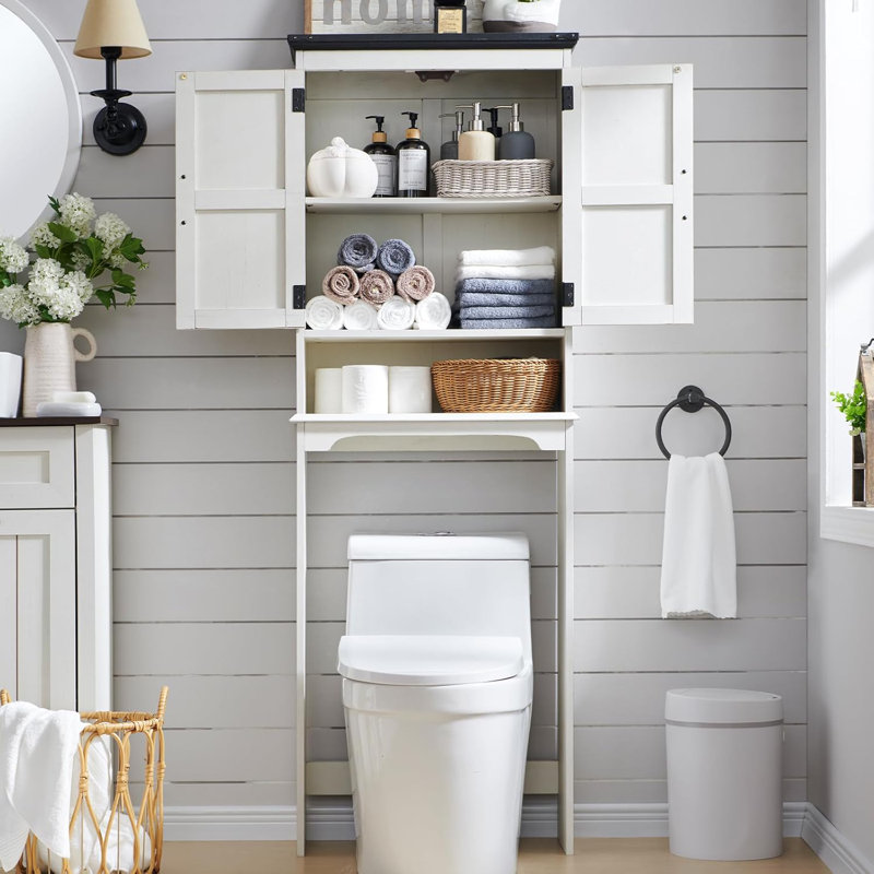 Farmhouse Over The Toilet Storage Cabinet, Wood Bathroom Cabinet With Adjustable Shelf, Off White