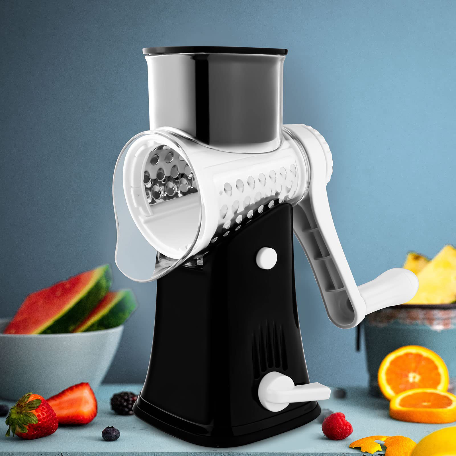 Rotary Cheese Grater with Handle & Upgraded Suction Base - Cheese Shredder  with 5 Interchangeable Stainless Steel Blades - Multifunctional Vegetable