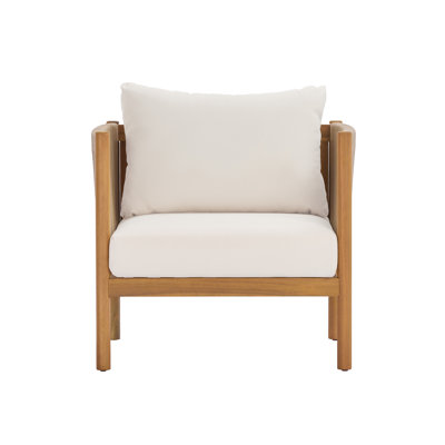 Ensemble de 2 fauteuils club d'extérieur avec structure en bois d'acacia d'aspect teck, panneaux de corde beige et coussins crème
