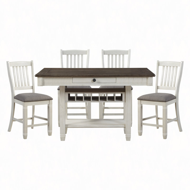 Ensemble de salle à manger à hauteur de comptoir, ensemble de 5 tables à hauteur de comptoir avec étagère de rangement, 4 tiroirs à vin et 4 chaises à hauteur de comptoir