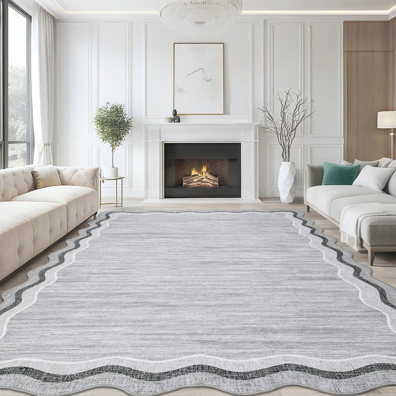 Bordered Design Machine Washable Rug with Rubber Backing for Living Room Modern Non-Slip Dining Room Rug Easy-Cleaning Floor Carpet for Bedroom
