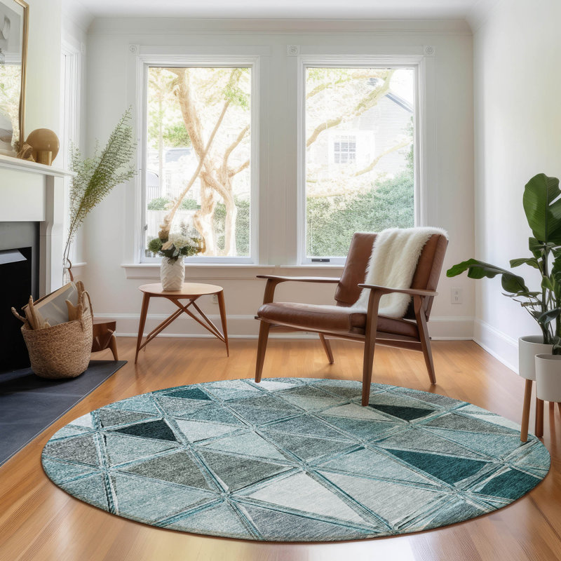 Premium Machine Washable Prisco Teal Rug, Round 8'
